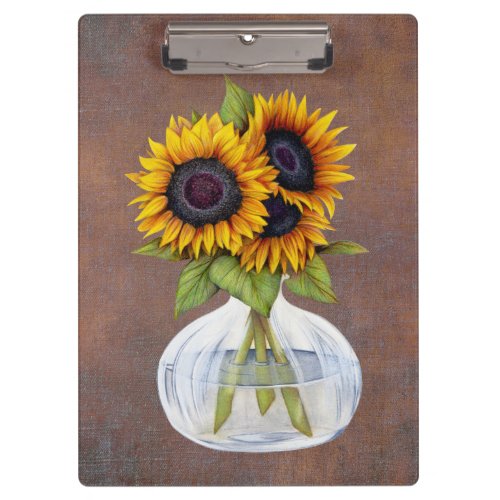 Vase of Three Beautiful Sunflowers on Brown Clipboard