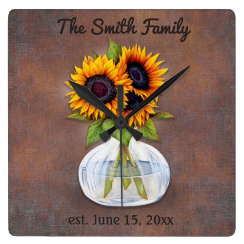 Vase of Three Beautiful Sunflowers on Brown Square Wall Clock