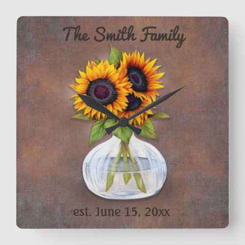 Vase of Three Beautiful Sunflowers on Brown Square Wall Clock