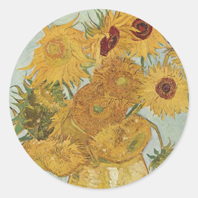 Vase with 12 sunflowers Vincent Van Gogh Classic Round Sticker (Front)