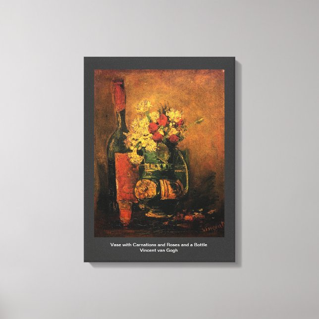 Vase with Carnations and Roses and a Bottle Vincen Canvas Print (Front)