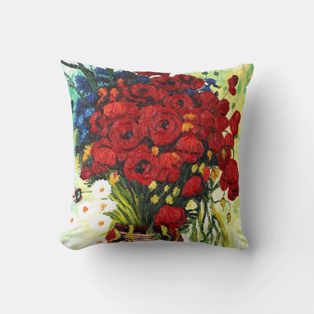 Vase with Daisies and Poppies Throw Pillow (Front)