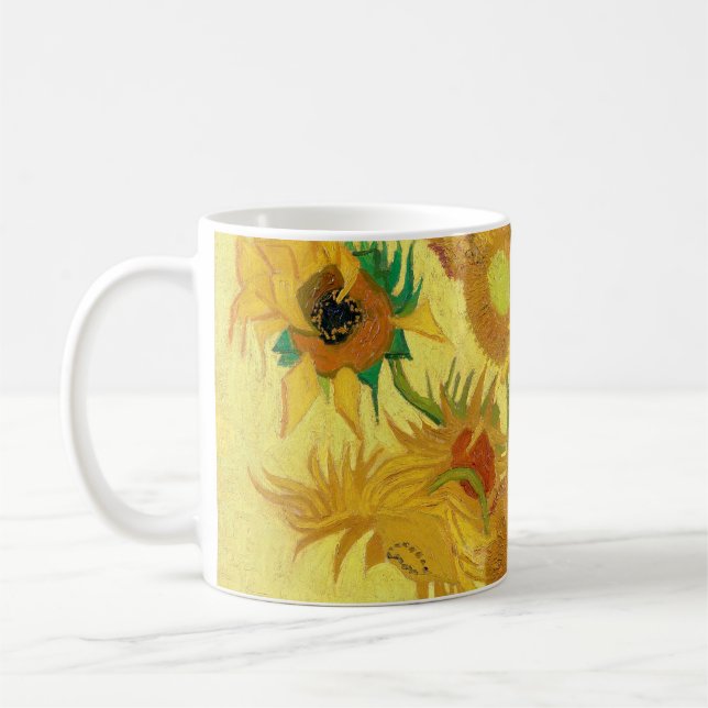 Vase with fifteen sunflowers by Vincent Van Gogh Coffee Mug (Left)
