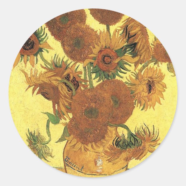 Vase with fifteen sunflowers,Vincent van Gogh Classic Round Sticker (Front)