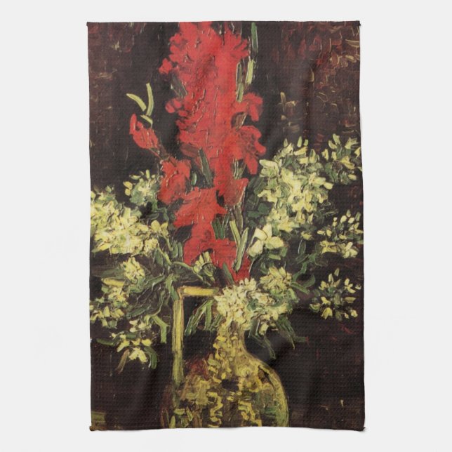 Vase with Gladioli, Carnations by Vincent van Gogh Kitchen Towel (Vertical)