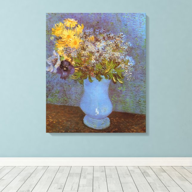 Vase with Lilacs and Daisies by Vincent van Gogh Canvas Print (Insitu(Wood Floor))