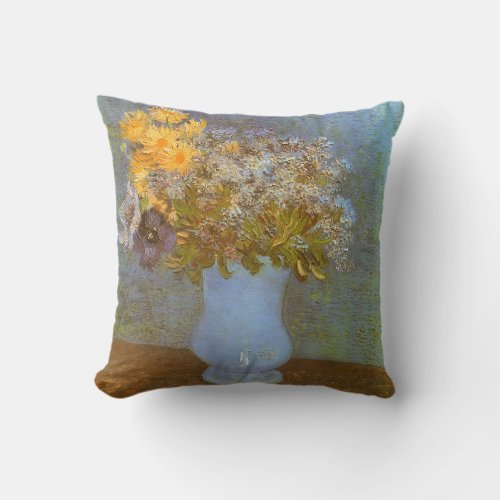 Vase with Lilacs Daisies and Anemones by Van Gogh Throw Pillow