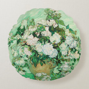 Vase with Pink Roses, Vincent Van Gogh Round Pillow