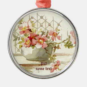 Vase with pink roses vintage watercolor ornament