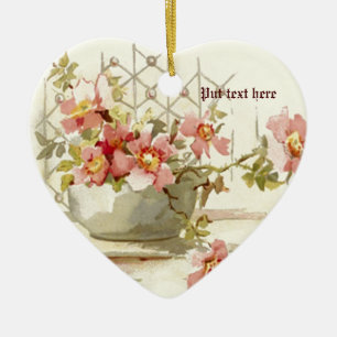 Vase with pink roses vintage watercolor ornament