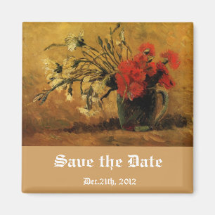 vase with red and white carnations, save the date magnet