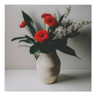 Vase with red and white flowers faux canvas print