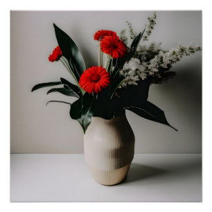 Vase with red and white flowers poster