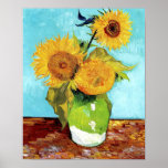 Vase with Three Sunflowers (1888) Vincent Van Gogh Poster<br><div class="desc">Vase with Three Sunflowers (1888), a well-known Post-Impressionist flowers painting by Vincent van Gogh, is depicted in this art print poster with its delicate golden yellow sunflowers against a blue background. Van Gogh created four sunflower still lifes in August 1888 in Arles' Yellow House. The 14 blooms on a blue...</div>