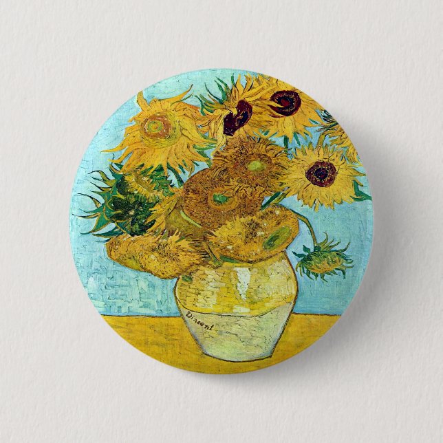 Vase With Twelve Sunflowers By Vincent Van Gogh Button (Front)