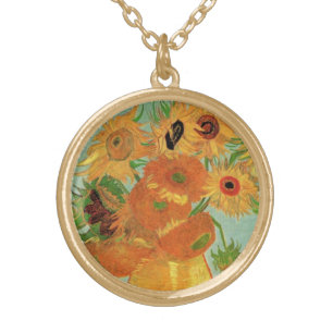 Vase with Twelve Sunflowers by Vincent van Gogh Gold Plated Necklace
