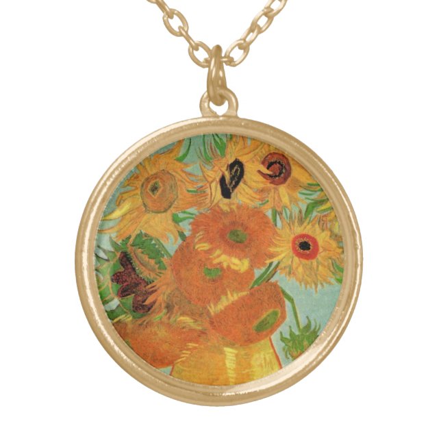Vase with Twelve Sunflowers by Vincent van Gogh Gold Plated Necklace (Front)