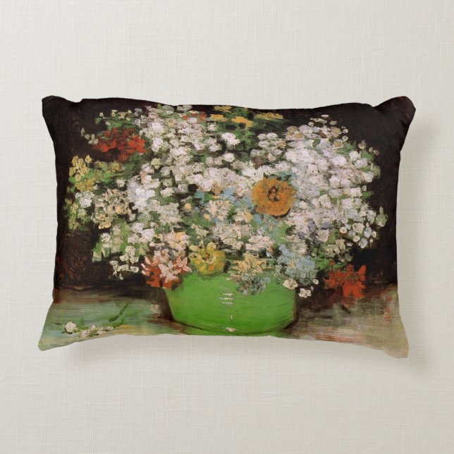 Vase with Zinnia Flowers by Vincent van Gogh Decorative Pillow (Back)