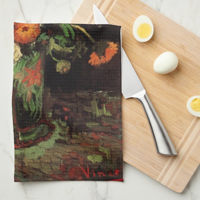 Vase with Zinnias and Geraniums, Vincent van Gogh Kitchen Towel (Quarter Fold)