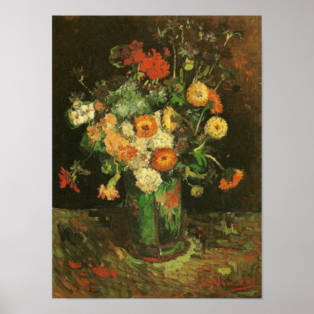 Vase with Zinnias & Geraniums Van Gogh Fine Art Poster (Front)