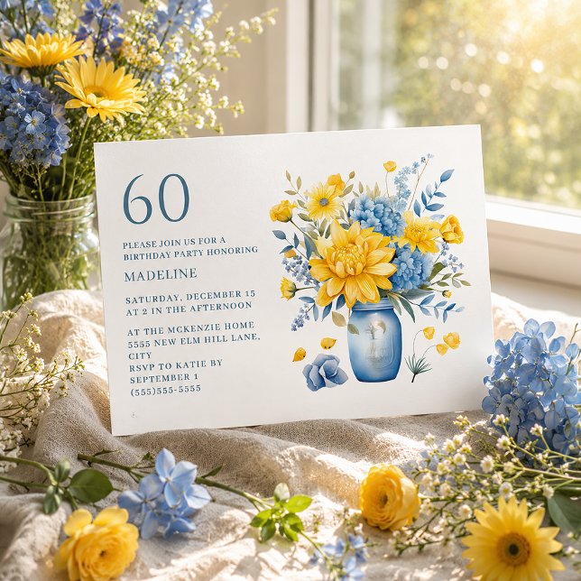Vase Yellow Blue Flowers 60th Birthday Invitation (Blue and yellow flowers 60th birthday party invitation)