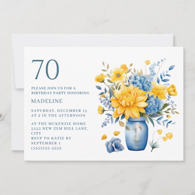 Vase Yellow Blue Flowers 70th Birthday Invitation (Front)