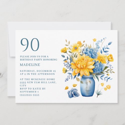 Vase Yellow Blue Flowers 90th Birthday Invitation