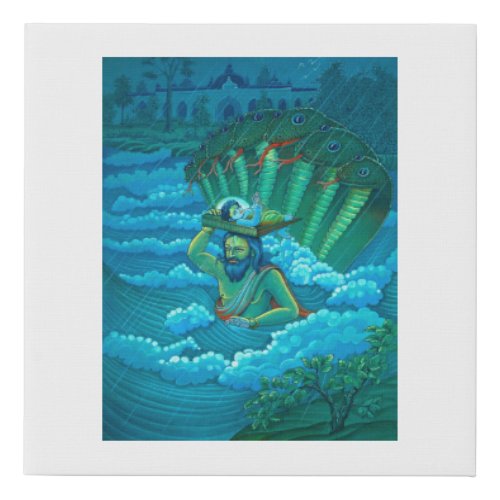 Vasudeva carrying Krishna across Yamuna River Faux Canvas Print