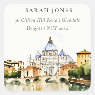 Vatican Rome Italy Watercolor Landscape Address Square Sticker