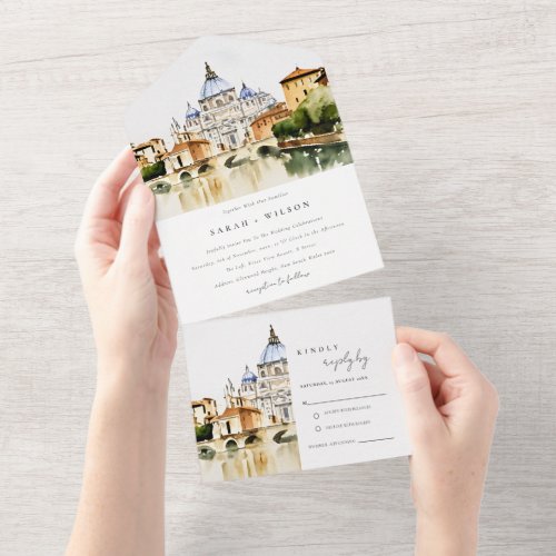 Vatican Rome Italy Watercolor Landscape Wedding All In One Invitation