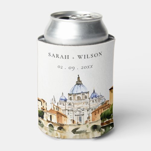 Vatican Rome Italy Watercolor Landscape Wedding Can Cooler