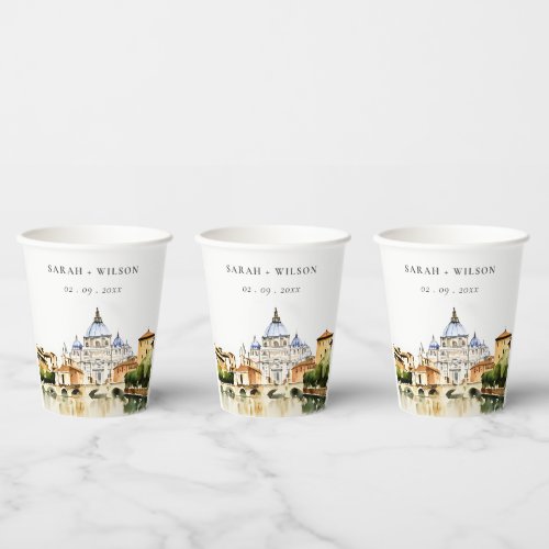 Vatican Rome Italy Watercolor Landscape Wedding Paper Cups