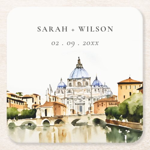 Vatican Rome Italy Watercolor Landscape Wedding Square Paper Coaster