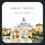 Vatican Rome Italy Watercolor Landscape Wedding Square Sticker<br><div class="desc">Rome Italy Watercolor Landscape Theme Collection.- it's an elegant script watercolor Illustration of Saint Peter's Basilica and Sant'Angelo bridge, Tiber river, Rome Italy landscape, perfect for your Italian destination wedding & parties. It’s very easy to customize, with your personal details. If you need any other matching product or customization, kindly...</div>
