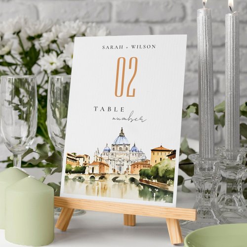 Vatican Rome Italy Watercolor Landscape Wedding Table Number