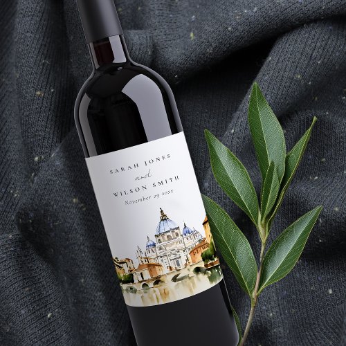 Vatican Rome Italy Watercolor Landscape Wedding Wine Label