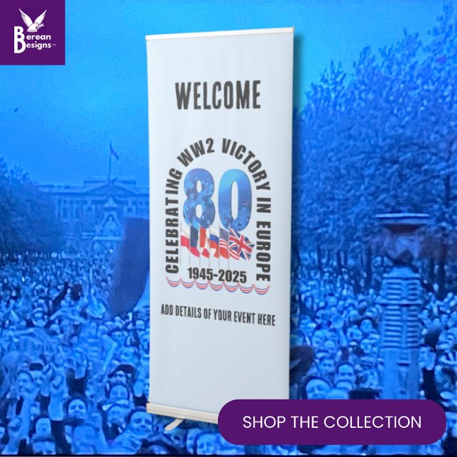 VE DAY 80th Anniversary Victory in Europe WW2 Retractable Banner (VE Day 80th Anniversary banner with customizable text for your special event)