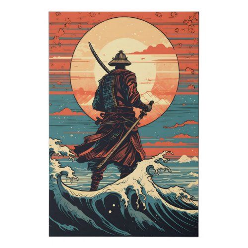 Vector art of Samurai Fighting the Ocean Faux Canvas Print