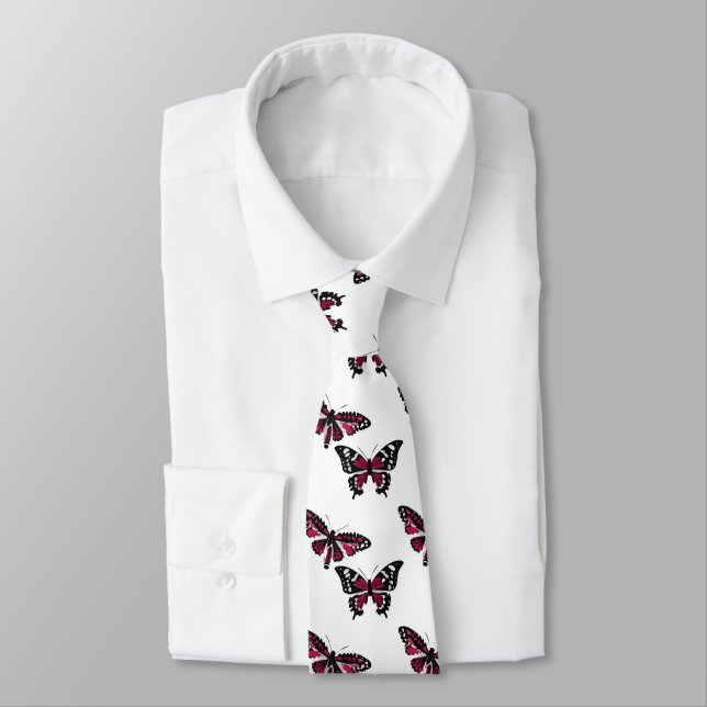 Vector Black and Pink Butterflies Pattern Neck Tie (Tied)