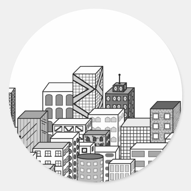 Vector Cityscape (Black & White) Classic Round Sticker (Front)