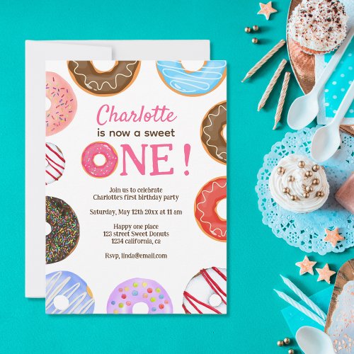Vector Cute donuts Sweet One 1st birthday Invitation