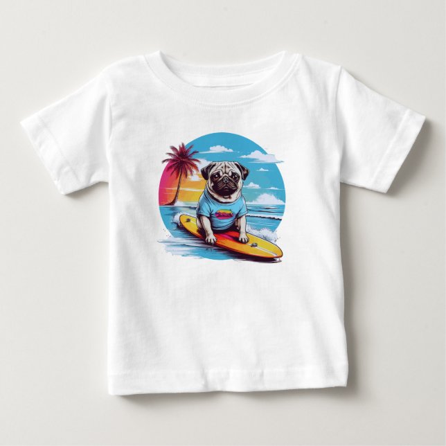 Vector dog surfing in the waves baby T-Shirt (Front)