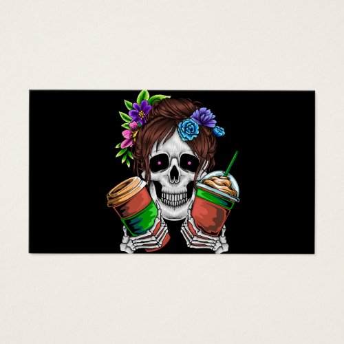Vector female skull with ice coffee and flower