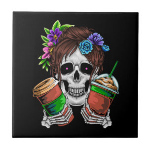 Vector female skull with ice coffee and flower ceramic tile