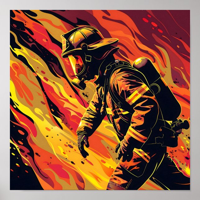 Vector Firefighter with Flames Background Poster (Front)