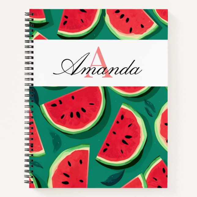 Vector Green Stunning Watermelon Pattern Monogram Notebook (Front)