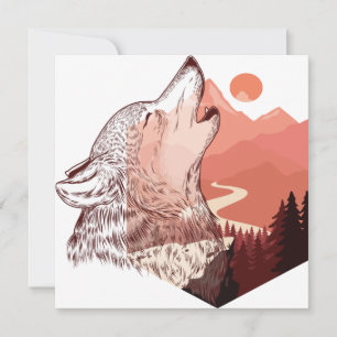Vector illustration of a howling wolf Landscape T- Holiday Card