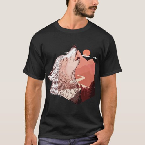 Vector illustration of a howling wolf Landscape T_Shirt
