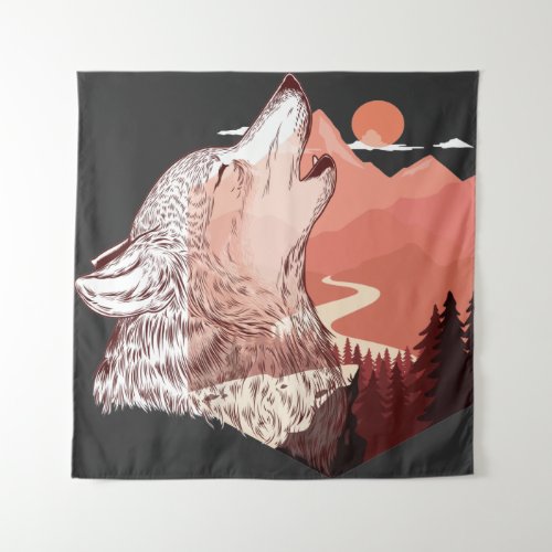 Vector illustration of a howling wolf Landscape T_ Tapestry