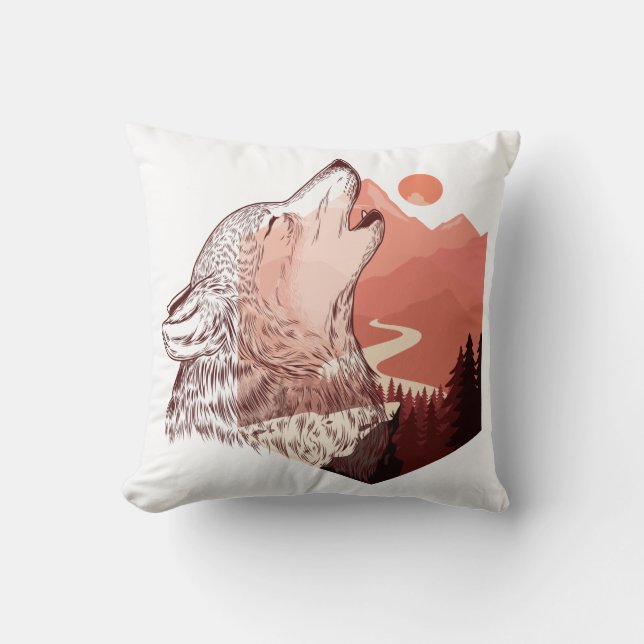 Vector illustration of a howling wolf Landscape T- Throw Pillow (Front)